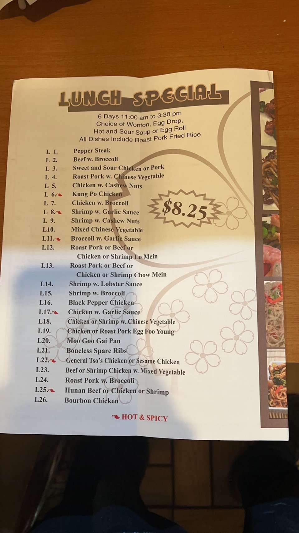Printed menu for dine-in and takeaway