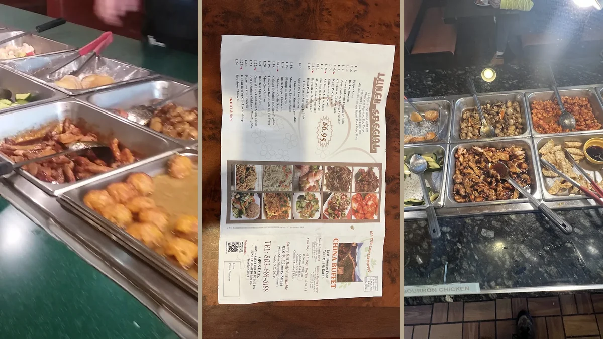 Buffet counter with trays of Chinese dishes